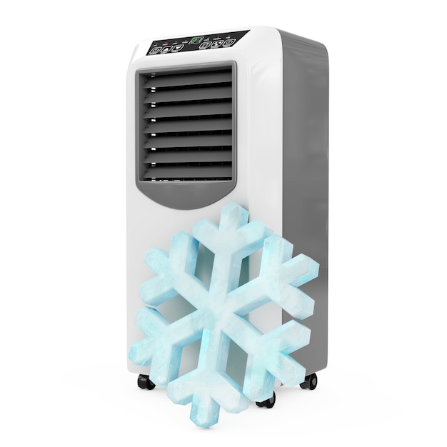 Photo ice crystal snowflake in front of portable mobile room air conditioner on a white background. 3d rendering.