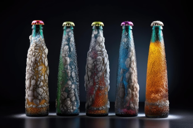 Ice crystals forming on beer bottle necks created with generative ai