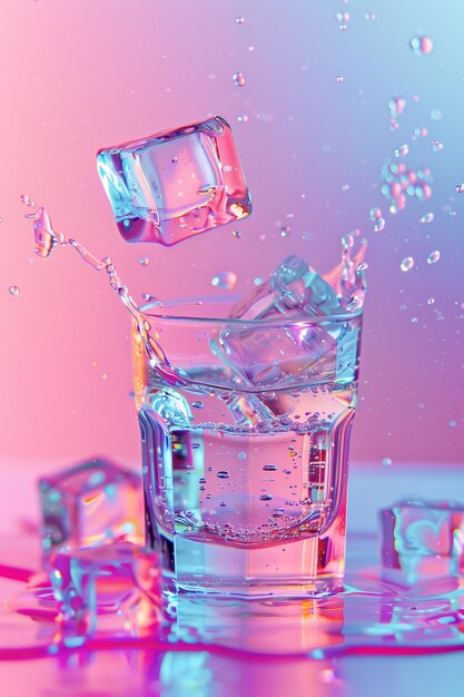 An ice cube creates a splash in a glass of sparkling water in a cocktail glass