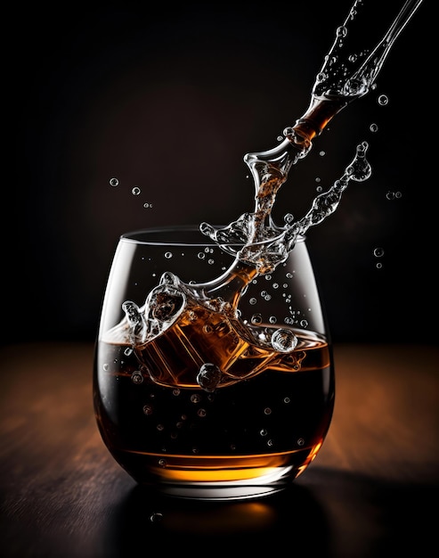 ice cube falling into a whiskey or cognac glass with splashes Generative AI