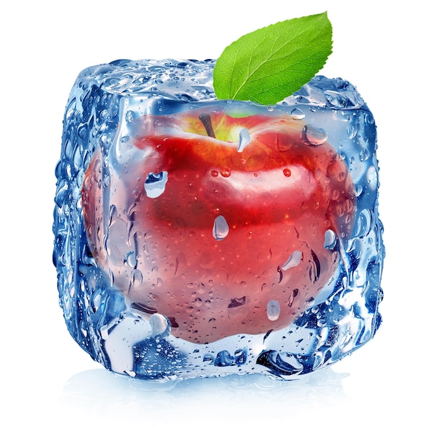 Ice cube and red apple isolated on a white background