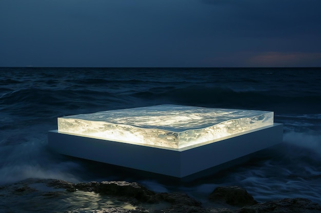 Photo ice cube on the sea beach at night