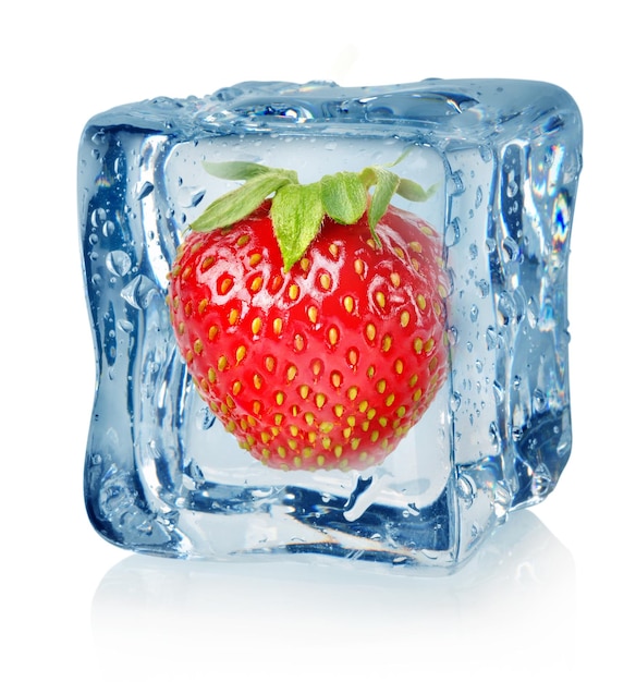 Ice cube and strawberry isolated on a white background