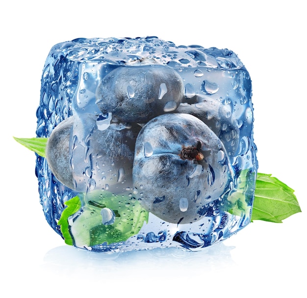 Ice cube with blueberries isolated on white