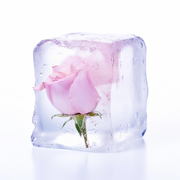 Foto cubo di ghiaccio con un fiore in cima catturato su uno sfondo bianco