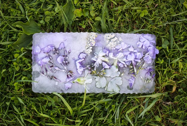 Ice cube with flowers on green grass at summer.