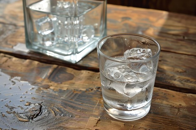 стеклянная ваза с кубиком льда и стакан воды, расположенный на деревянном столе