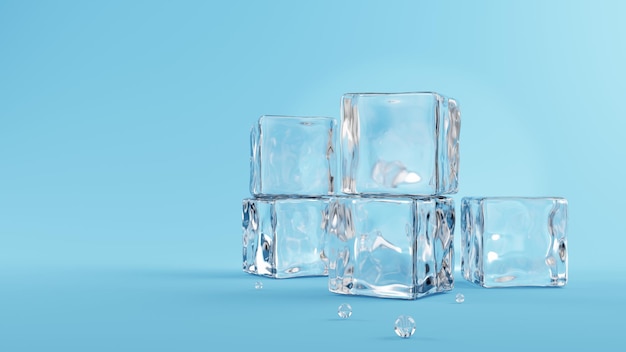 Ice cubes on blue Background, 3d rendering.