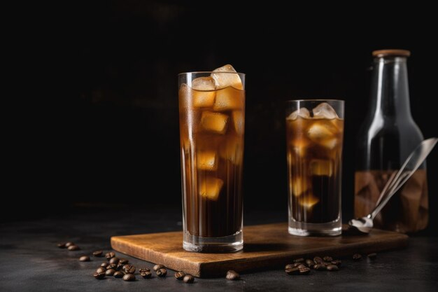 Ice cubes clinking together in tall glass of iced coffee created with generative ai