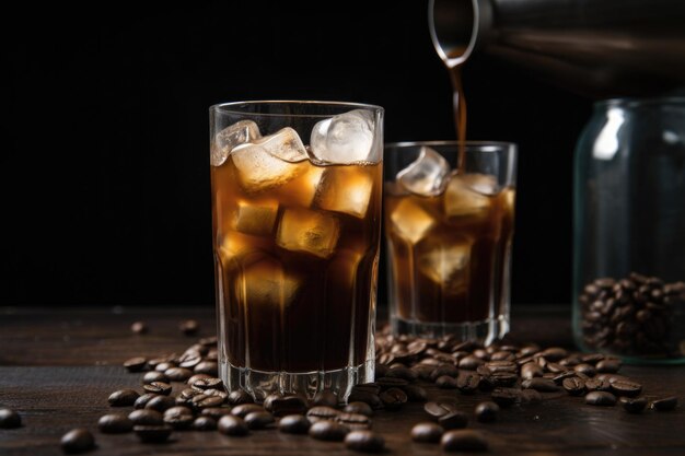 Ice cubes clinking together in tall glass of iced coffee created with generative ai