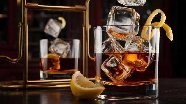 Ice cubes falling in glass of whiskey