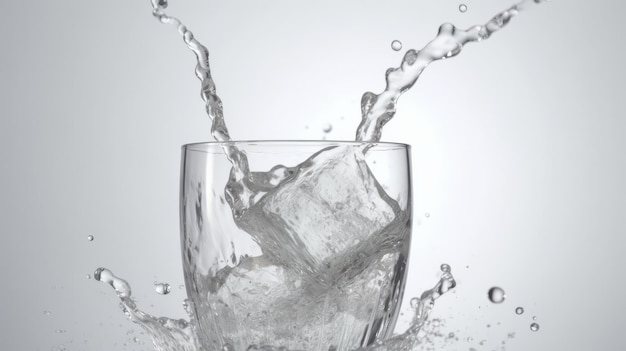 Ice cubes falling into a glass of water on white background AI generated