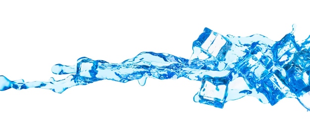 Ice Cubes fresh water pouring flying crystal clear ice cool water wave floating fall down in air Fresh water Ice cube is frozen water healthy thirsty White background Isolated high speed shutter