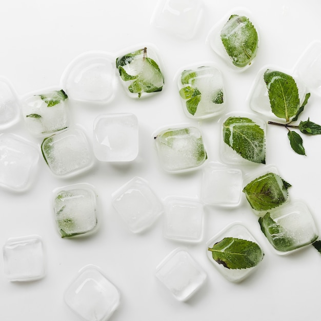 Ice cubes and leaves