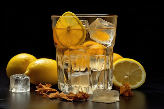 Ice cubes and lemon wedges in a lemonade glass