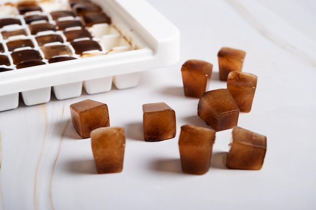 Ice cubes made with coffee Close up