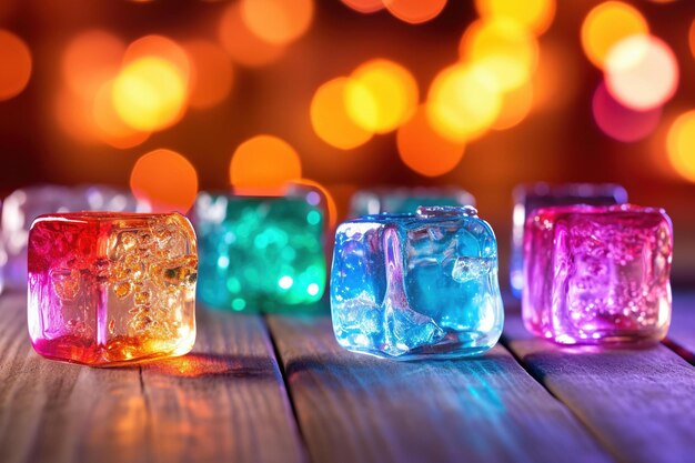 Ice cubes melting on a wooden table with a colorful bokeh background