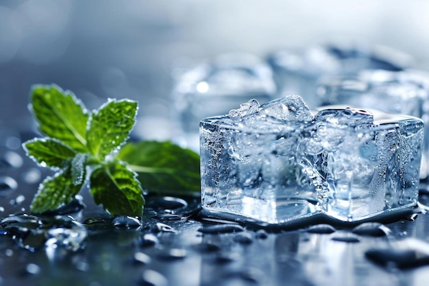 Ice cubes and mint on a blue background selective focus