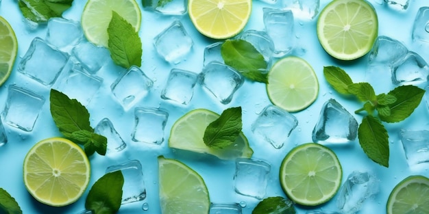 Ice cubes mint and cut limes on turquoise background