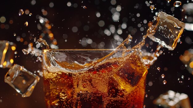 Ice cubes splashing into cola drink