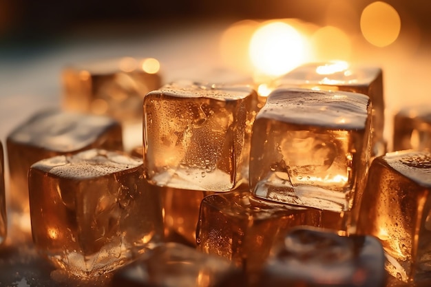 Ice cubes on a table with a fire in the background