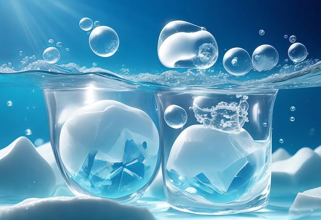 Ice cubes with bubbles underwater