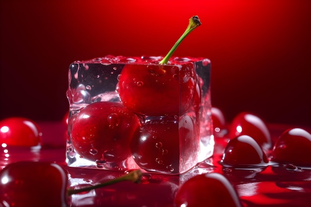 Ice cubes with cherries in a red background