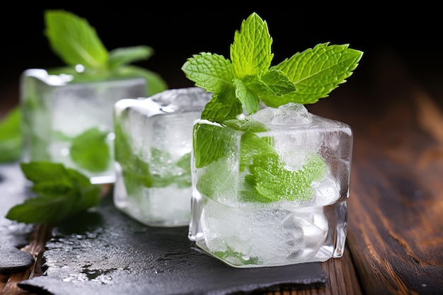 Ice cubes with fresh mint leaves on brown wooden background