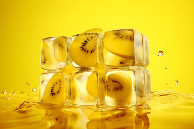 Ice cubes with kiwi slices and water on them