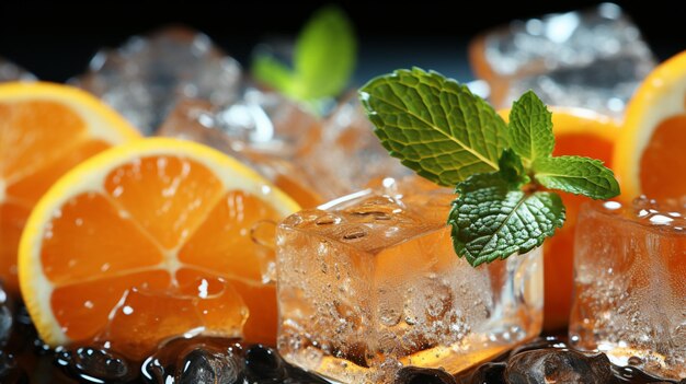 Ice cubes with orange on light background