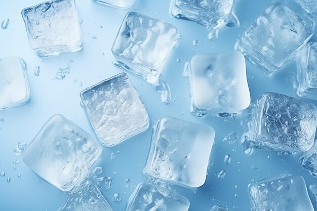 Ice Cubes with Water Drops on Blue Background