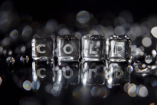 Кубики льда со словом "COLD" на темном фоне