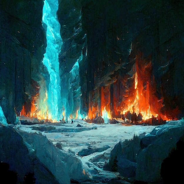 Ice and fire landscape beautiful wallpaper mountain of ice with fire flames