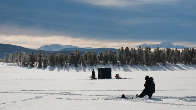 Ice fishing on Lake Granby, Colorado.