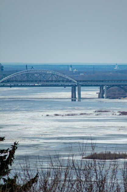 Ice floats on the Volga River in spring