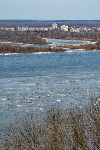 Ice floats on the Volga River in spring