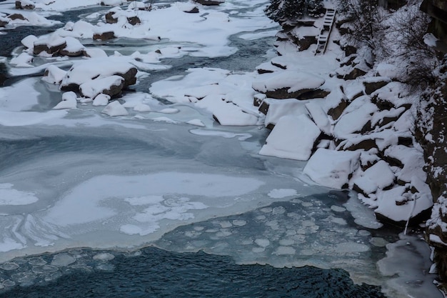 Ice formations on a frozen river covered with snow