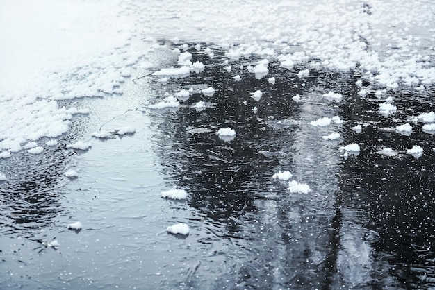 Ice on frozen pond with small patches of snow crystals, tree reflection on surface