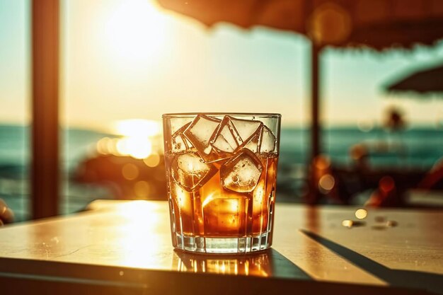 Photo ice in a glass on the beach