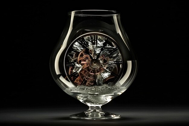 Photo ice glass with a frozen clock face inside concept of time