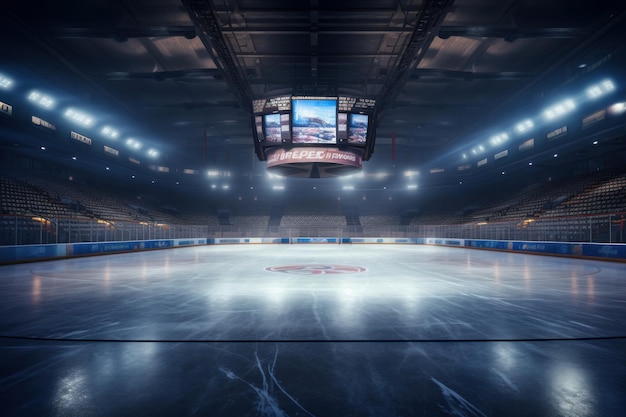 Foto arena di hockey su ghiaccio la sera vista prospettica della pista di hockey sul ghiaccio