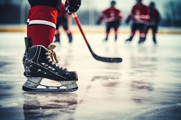 Ice hockey game with stick on puck player's skates on ice and empty space