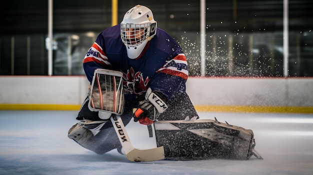 Ice hockey goalie blocking a shot in a highstakes game