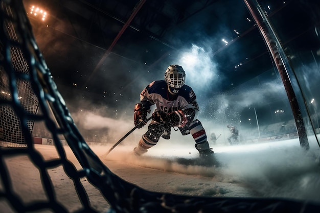 Ice hockey goalkeeper player on goal in action Neural network AI generated