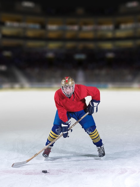 Ice hockey player in action kicking with stick