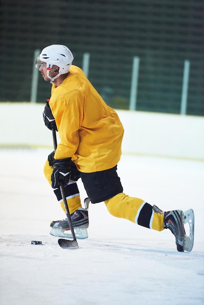 ice hockey player in action kicking with stick