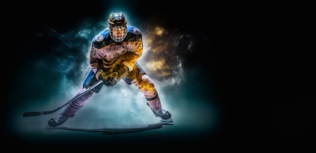 Ice Hockey player athlete in the helmet and gloves on stadium with stick Action shot Sport concept Sports betting Bets in the mobile application Generative AI