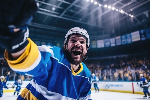 Ice hockey player in the blue uniform and helmet rejoices after winning a tournament in a stadium