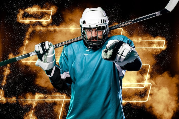 Photo ice hockey player in neon colors download high resolution photo for sports betting advertisement icehockey athlete in the helmet and gloves on stadium with stick sport concept sports wallpaper