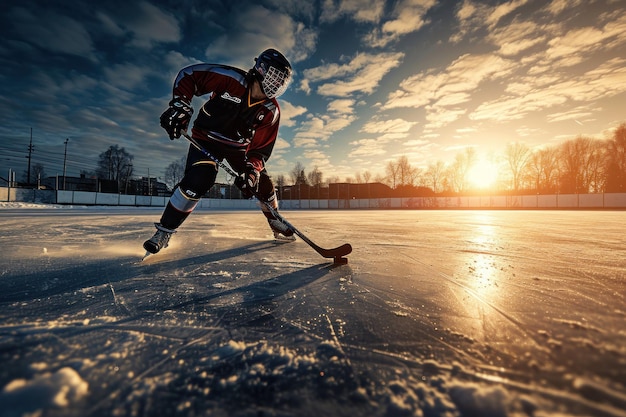 Foto giocatore di hockey su ghiaccio alla pista di pattinaggio giocatore di hockey sul ghiaccio che pattina con bastone e disco